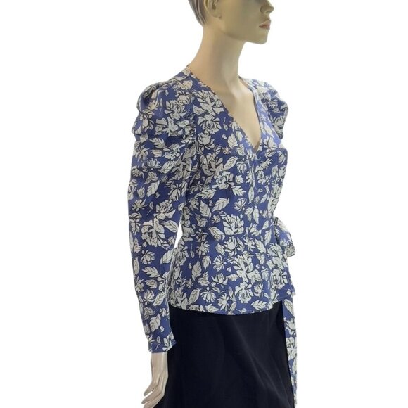 ASTR The LABEL Top Polyester Royal Blue Floral Attached Side Tie Wrap Puffed Gat - Picture 7 of 16